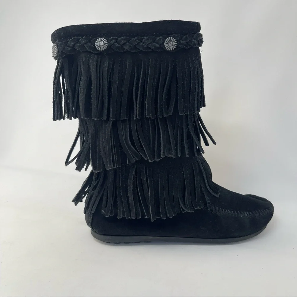 Minnetonka‎ Black Suede 3 Tier Fringe Tall Boots, Girl's Size 3